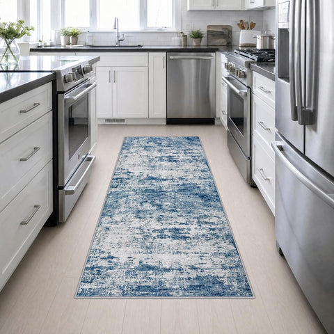 3x8 Washable Runner Rug：Modern Abstract Kitchen Soft Carpet Blue