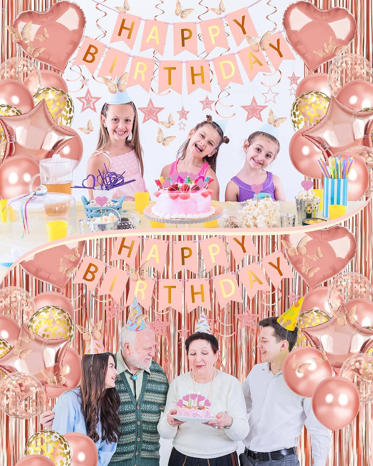 Rose Gold Happy Birthday Party Decorations with Banner Balloons for Women