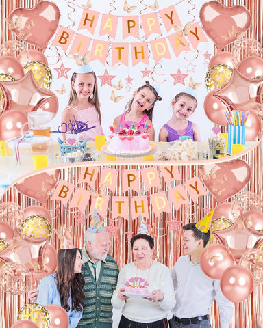 Rose Gold Happy Birthday Party Decorations with Banner Balloons for Women