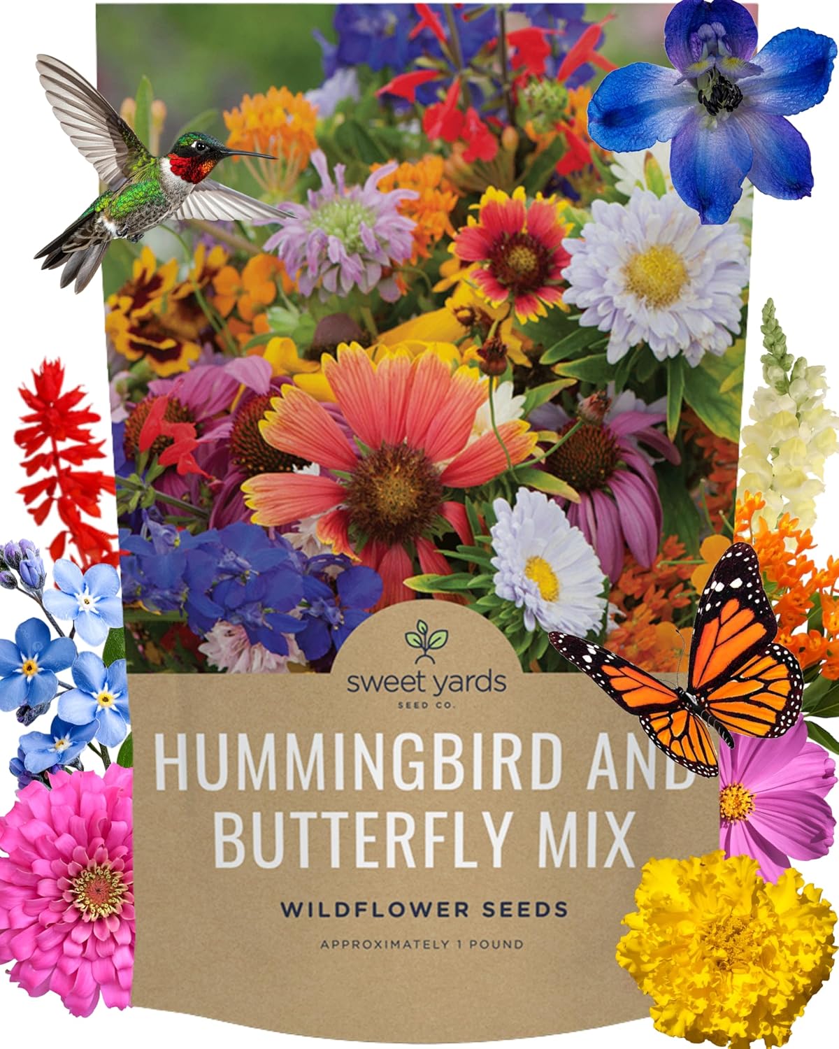 Bulk Wildflower Seeds Butterfly and Hummingbird Mix - 1 Pound Bag - Over 120,000 Open Pollinated Annual and Perennial Seeds