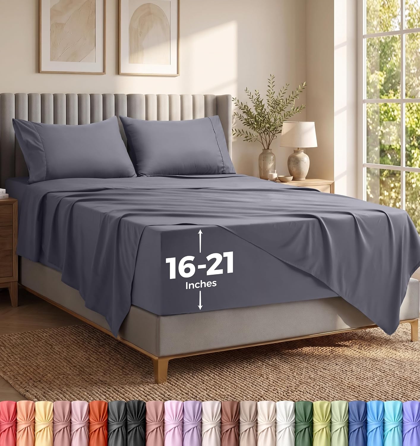 Extra Deep Pocket Full Sheet Set - 4PCs Fits Up to 21 Inches - Grey