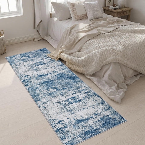 3x8 Washable Runner Rug：Modern Abstract Kitchen Soft Carpet Blue