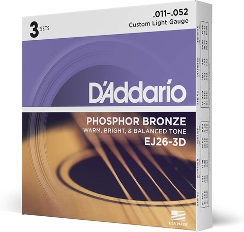 D'Addario EJ26-3D Phosphor Bronze Acoustic Guitar Strings 11-52, 3 Sets