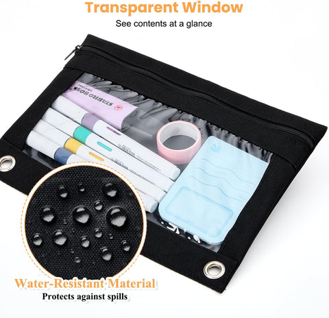 Binder Pencil Pouch for 3 Ring Binder, Clear Pencil Case Box Bag, Aesthetic Pen Organizer for School Supplies with Zipper, Back to School for Girls Boys, 1 Pack, Black