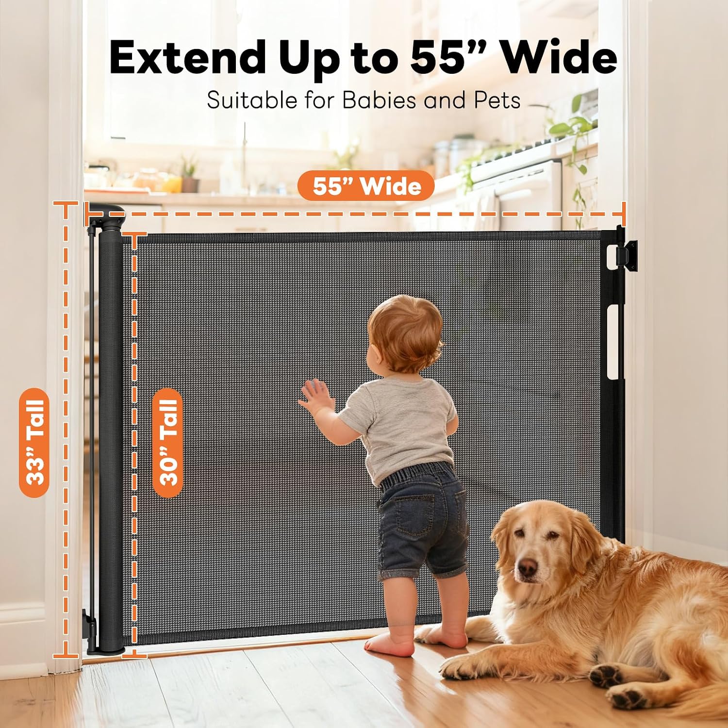 Retractable Baby Gates for Doorways, 55" Wide x 33" Tall Mesh Dog Gate