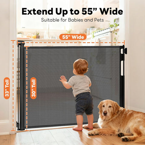 Retractable Baby Gates for Doorways, 55" Wide x 33" Tall Mesh Dog Gate