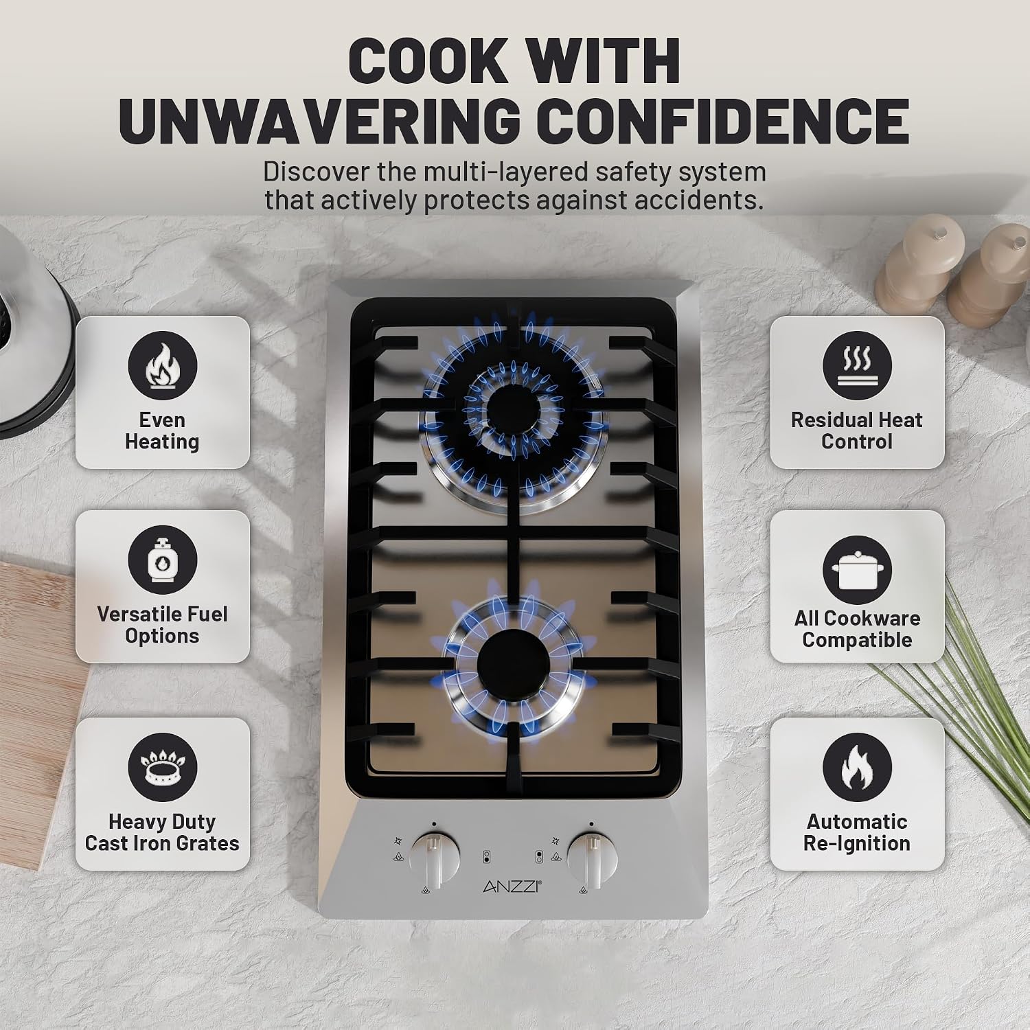 ANZZI 12 in. 2-Burner Built-in Gas Cooktop | Stainless Steel Surface Gas