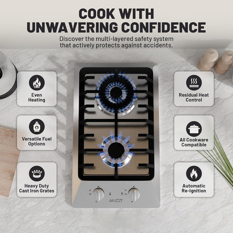 ANZZI 12 in. 2-Burner Built-in Gas Cooktop | Stainless Steel Surface Gas
