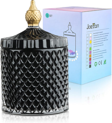 Joeyan 18oz Black Glass Jars with Lid,Embossed Candy Dishes,Diamond Faceted