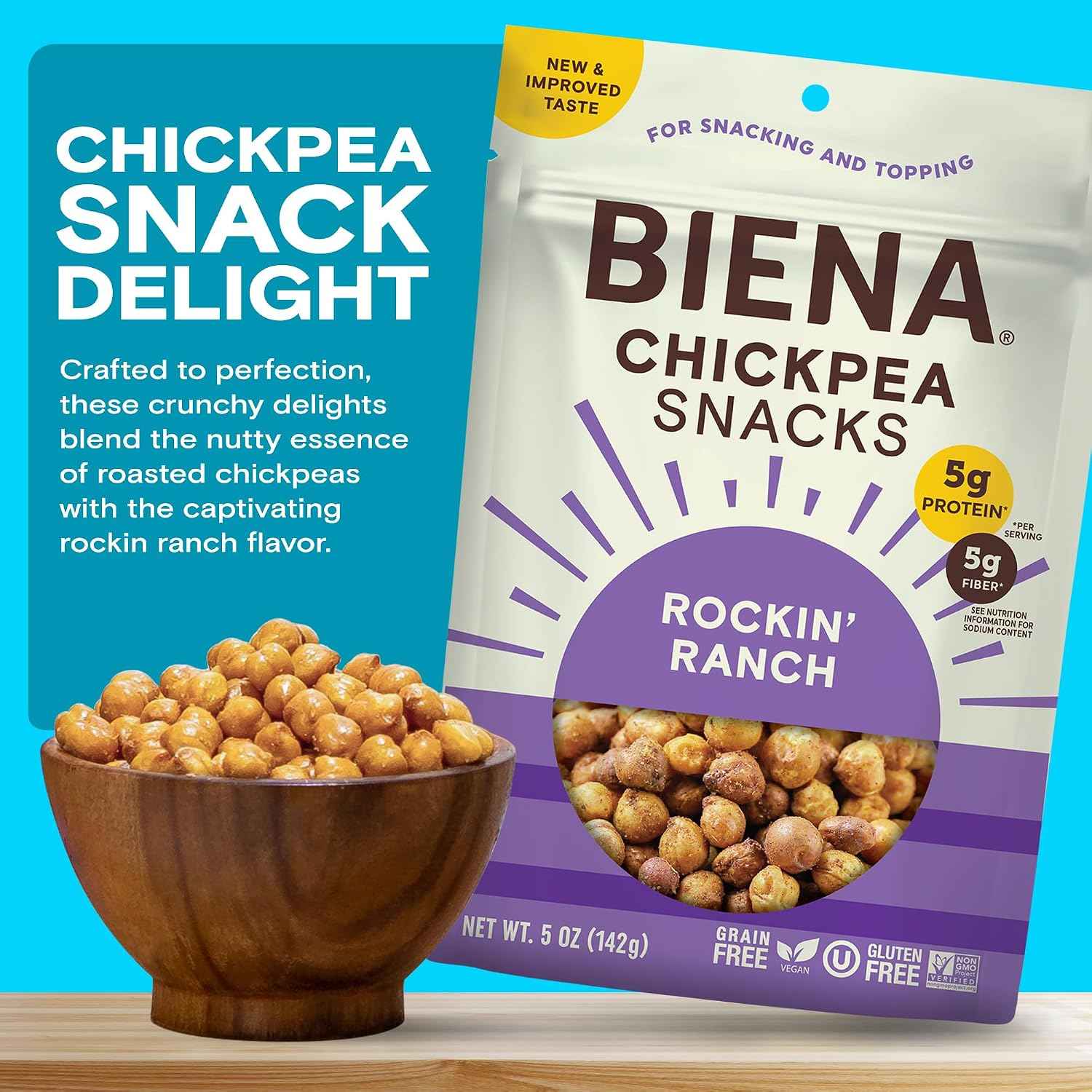 BIENA Chickpea Snacks - Crunchy Roasted Chickpeas - High Fiber Vegan Protein Snacks for Adults and Kids - 8-Pack, 5 Ounce Bags - Rockin’ Ranch