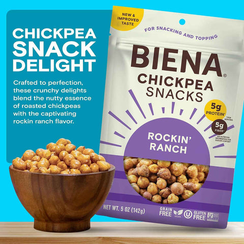 BIENA Chickpea Snacks - Crunchy Roasted Chickpeas - High Fiber Vegan Protein Snacks for Adults and Kids - 8-Pack, 5 Ounce Bags - Rockin’ Ranch