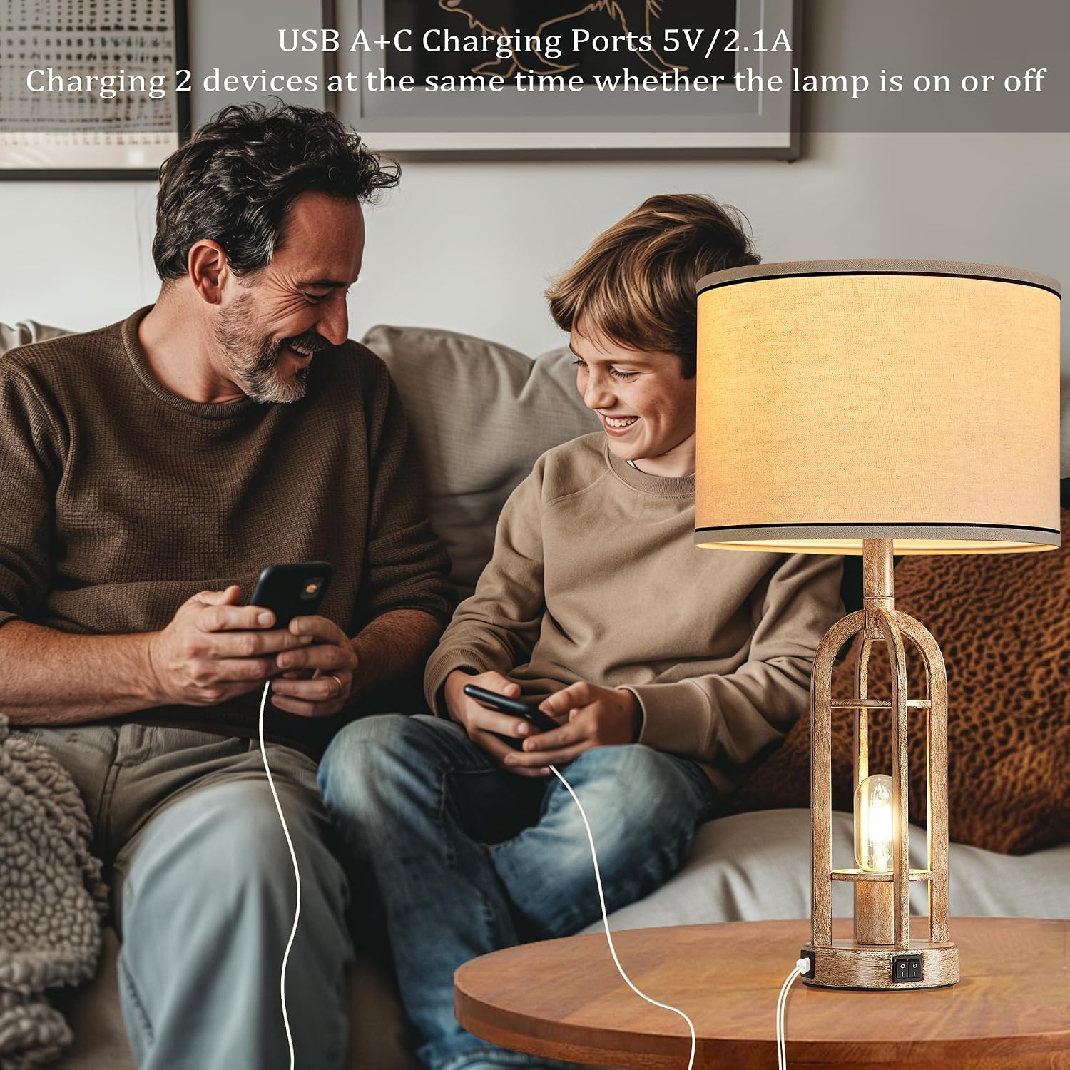 SRJJA 24" Farmhouse Table Lamps for Living Room Bedroom Set of 2, USB A+C