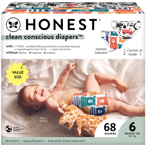 The Honest Company Clean Conscious Diapers | Plant-Based, Sustainable | Beary Cool + Big Trucks | Super Club Box, Size 6 (35+ lbs), 68 Count