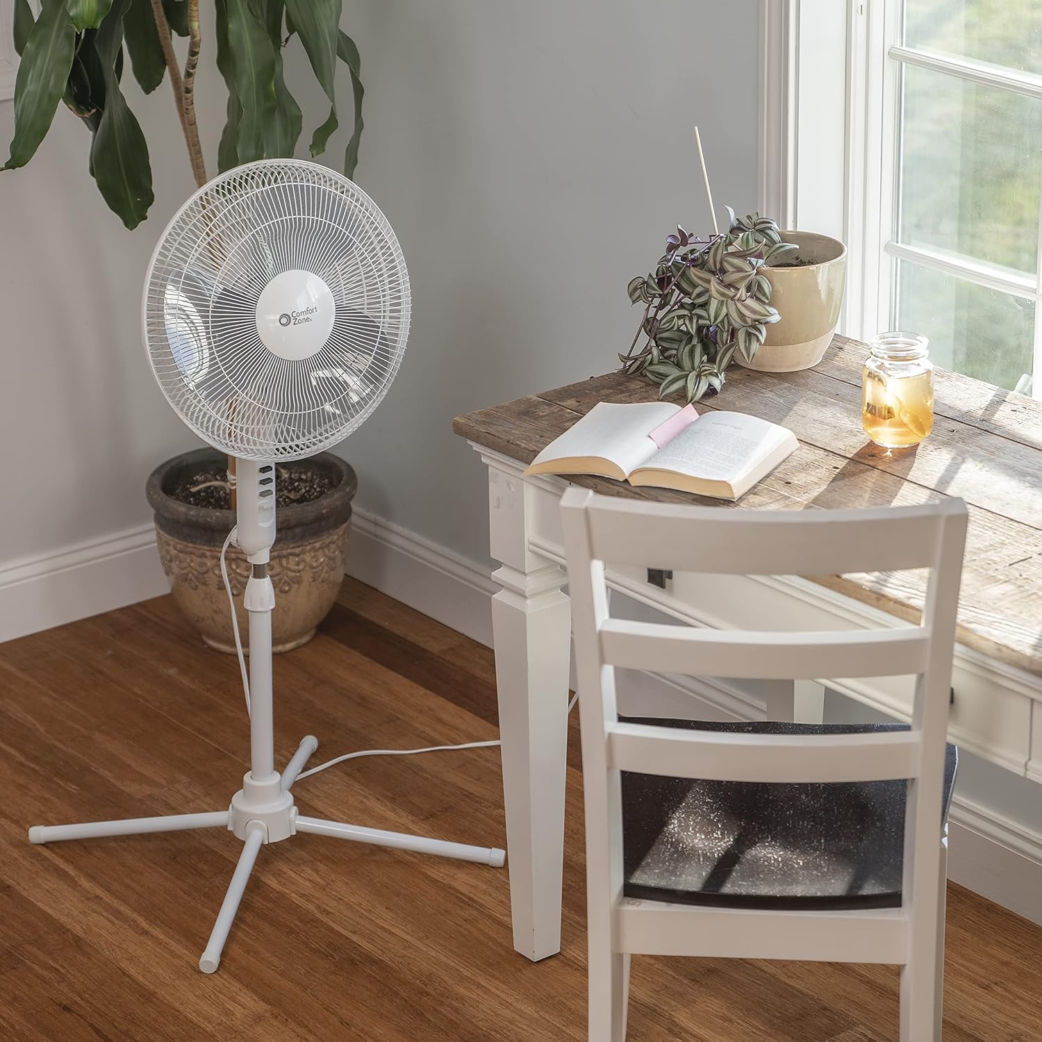 COMFORT ZONE Stand Fan, 16 inch Pedestal Fan for Bedroom, 3 Speed Floor Fan, 90 Degree Oscillation, Adjustable Height, Adjustable Tilt, Oscillating Air Circulator, Quiet Fan for Home or Office, White