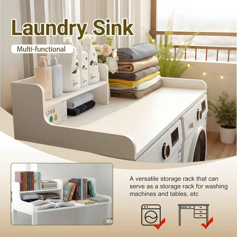 Washer Dryer Countertop with Shelf, 2 Tier Laundry Countertop Organizer, Wooden Washer and Dryer Topper with Raised Edge for Folding, Sorting & Storage Black 28" D x 58" W x 12" H
