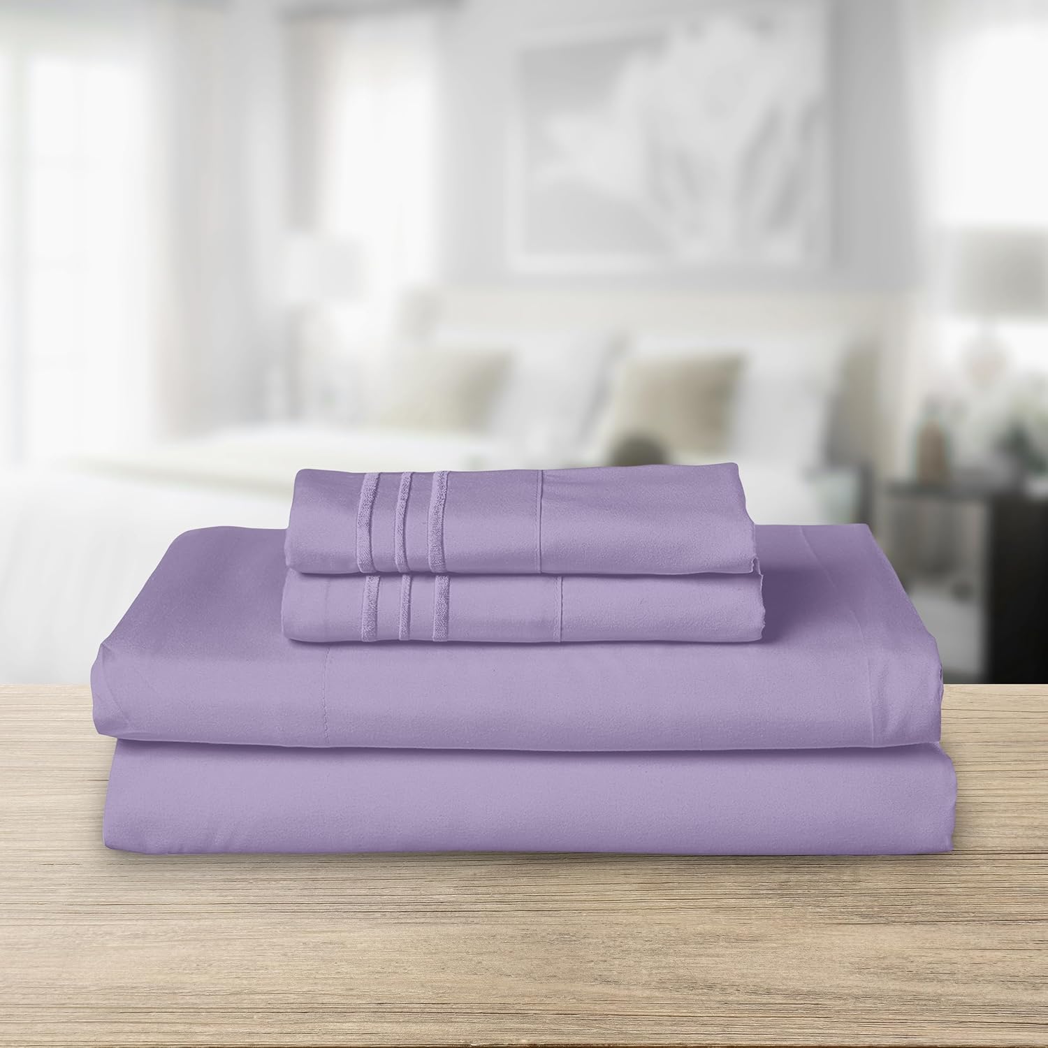 Elegant Comfort Luxurious 1500 Premium Hotel Quality Microfiber Three Line Embroidered Softest 4-Piece Bed Sheet Set, Wrinkle and Fade Resistant, Queen, Lavender