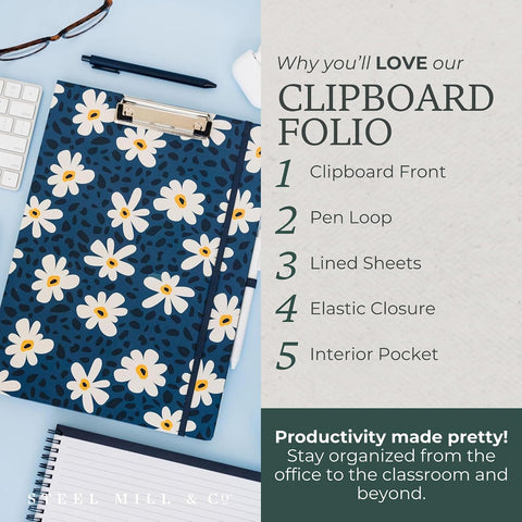 Steel Mill & Co. Cute Clipboard Folio with Notepad, Leopard Daisy