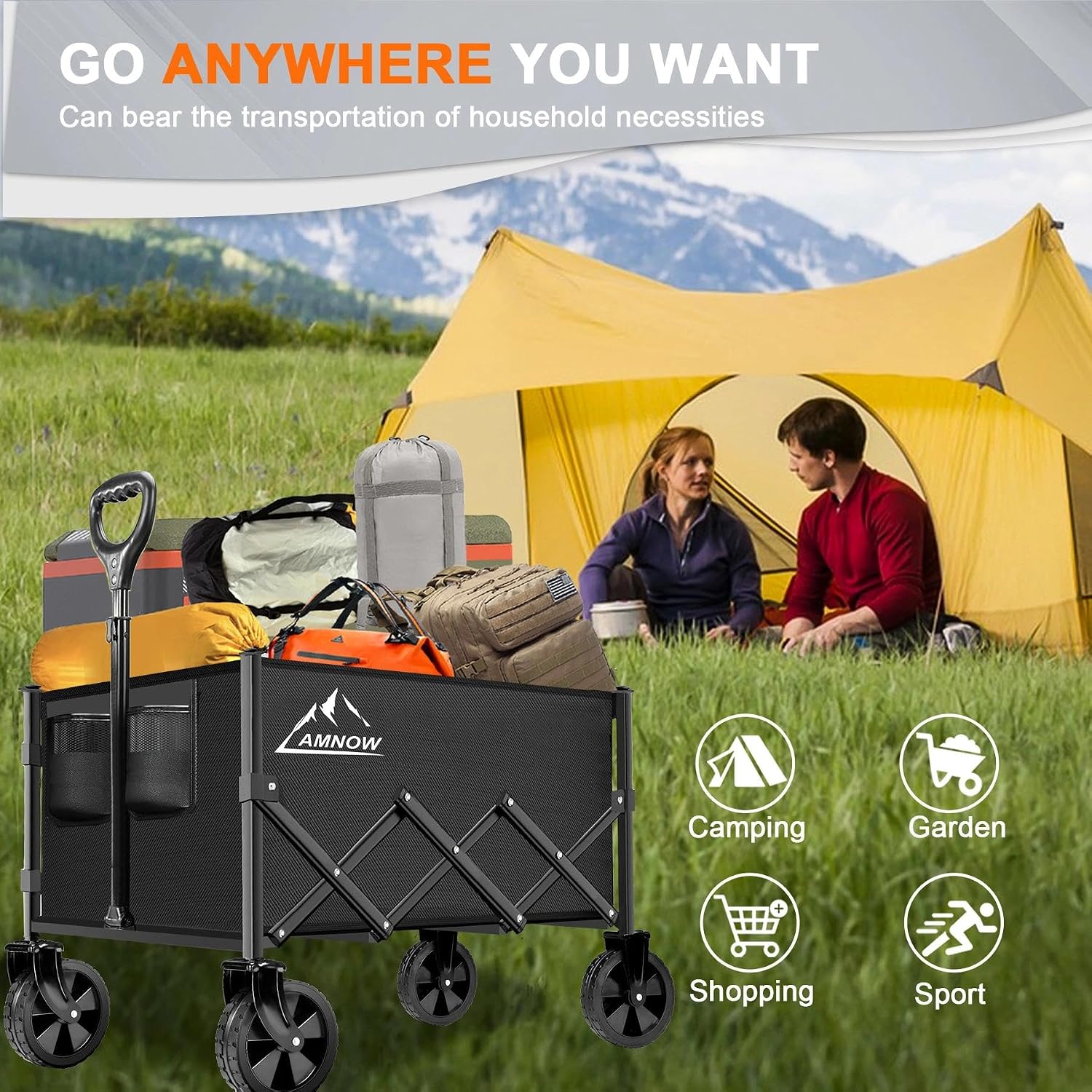 AMNOW 100L Collapsible Wagon Cart with All Terrain Wheels, 350LBS, Black