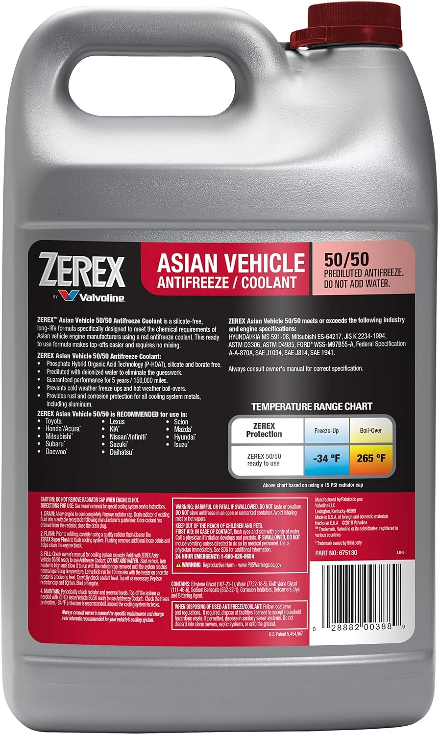 Zerex Asian Vehicle Red Silicate and Borate Free 50/50 Prediluted Ready-to-Use Antifreeze/Coolant 1 GA, Case of 6