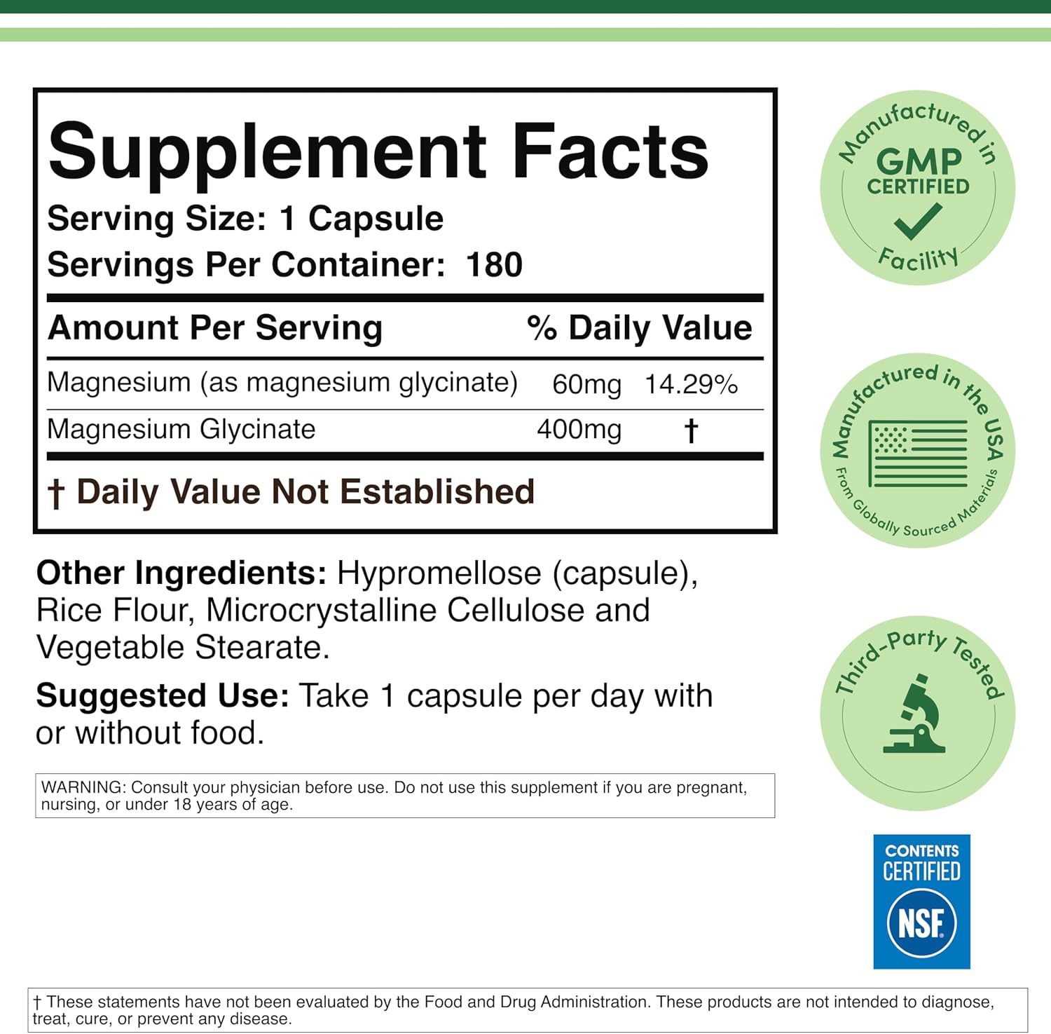 Magnesium Glycinate 400mg for Sleep, Relaxation, and Recovery, 180 Capsules