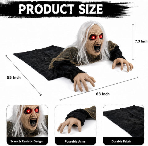 Hourleey Halloween Decorations Outdoor, Sound Activated Climbing Zombie Groundbreaker with Lighted Eyes and Scary Sound, Animated Halloween Decor for Yard Lawn Graveyard Haunted House Prop