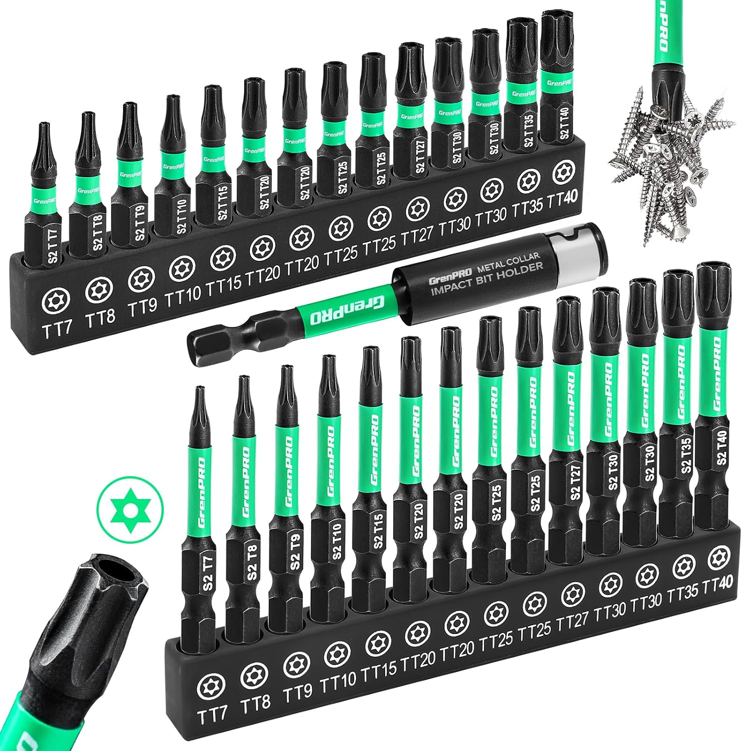 GRENPRO Torx Bit Set 29pcs(TT7-TT40), 1''&2'' S2 Steel Security Torx