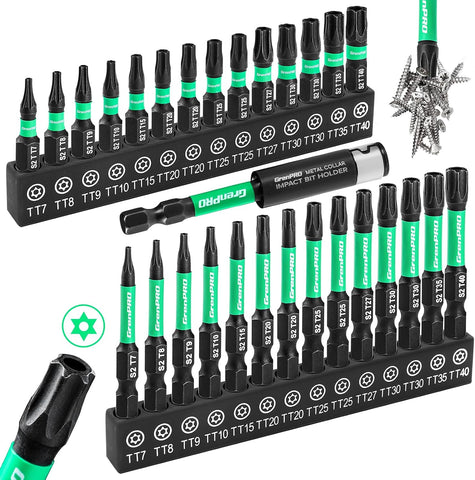 GRENPRO Torx Bit Set 29pcs(TT7-TT40), 1''&2'' S2 Steel Security Torx