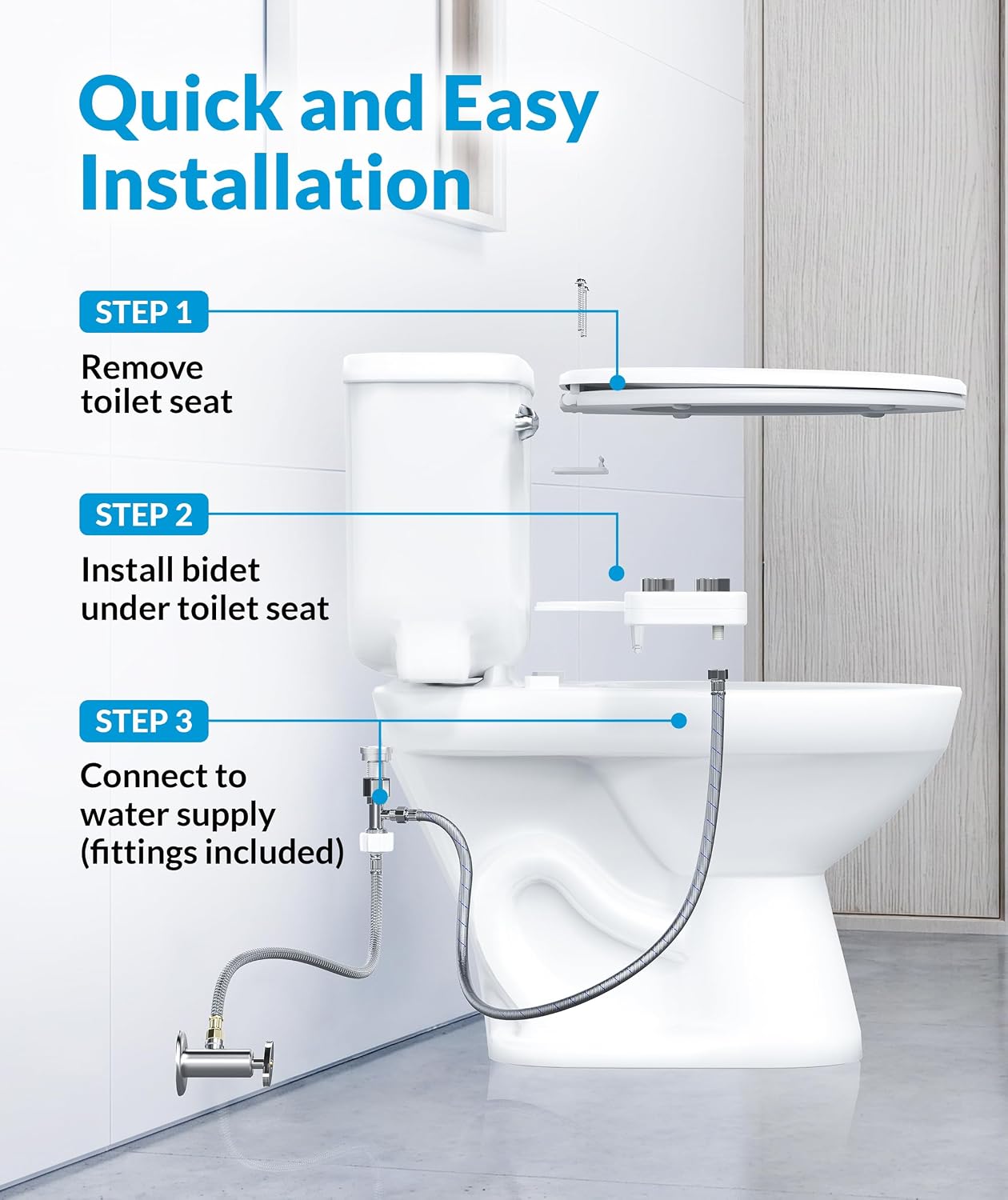 CLEAR REAR Bidet Attachment for Toilet Seat - Non-Electric with Self Cleaning Dual Nozzles, Leak Proof Connectors, Adjustable Water Spray, Rear & Feminine Wash - Hygienic Bathroom Upgrades
