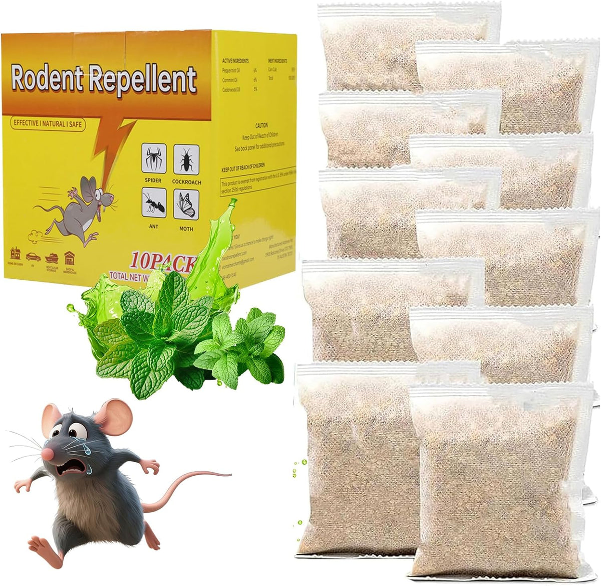 10 Pack Mouse Rodent Repellent, Peppermint Lemon Oil Mice Repellent for Squirrel Rats Spider Pests, Natural Deterrent for Kitchen, Warehouse, Car, Indoor, Outdoor, Safe for Pets Family