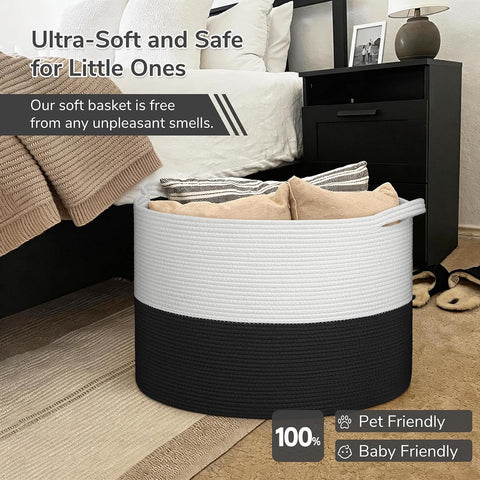 INDRESSME 115L Extra Large Woven Rope Blanket Basket Living Room WhiteBlack
