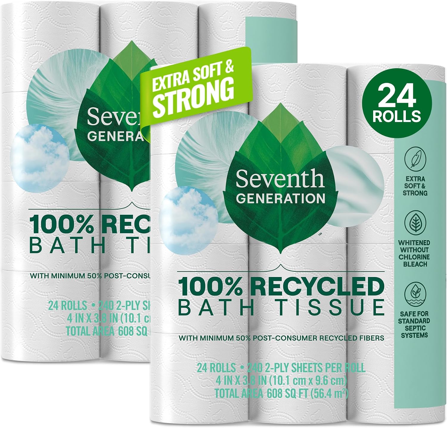 Seventh Generation Toilet Paper, 100% Recycled 2-Ply Bath Tissue, 48 Rolls | 240 Sheets Per Roll, Extra Soft & Strong for Home & RV, Whitened without Chlorine Bleach, No Dyes or Fragrances, Septic Safe
