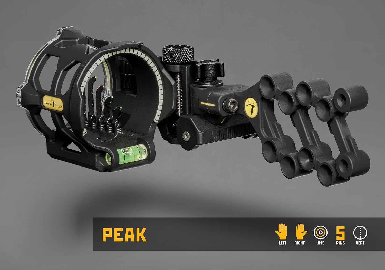 Trophy Ridge Peak 5 Pin Bow Sight - Vertical in-Line Pin Technology, Tool Less Windage and Elevation Adustability, 2nd Axis Leveling, Adjustable Rheostat Light, Glow Ring