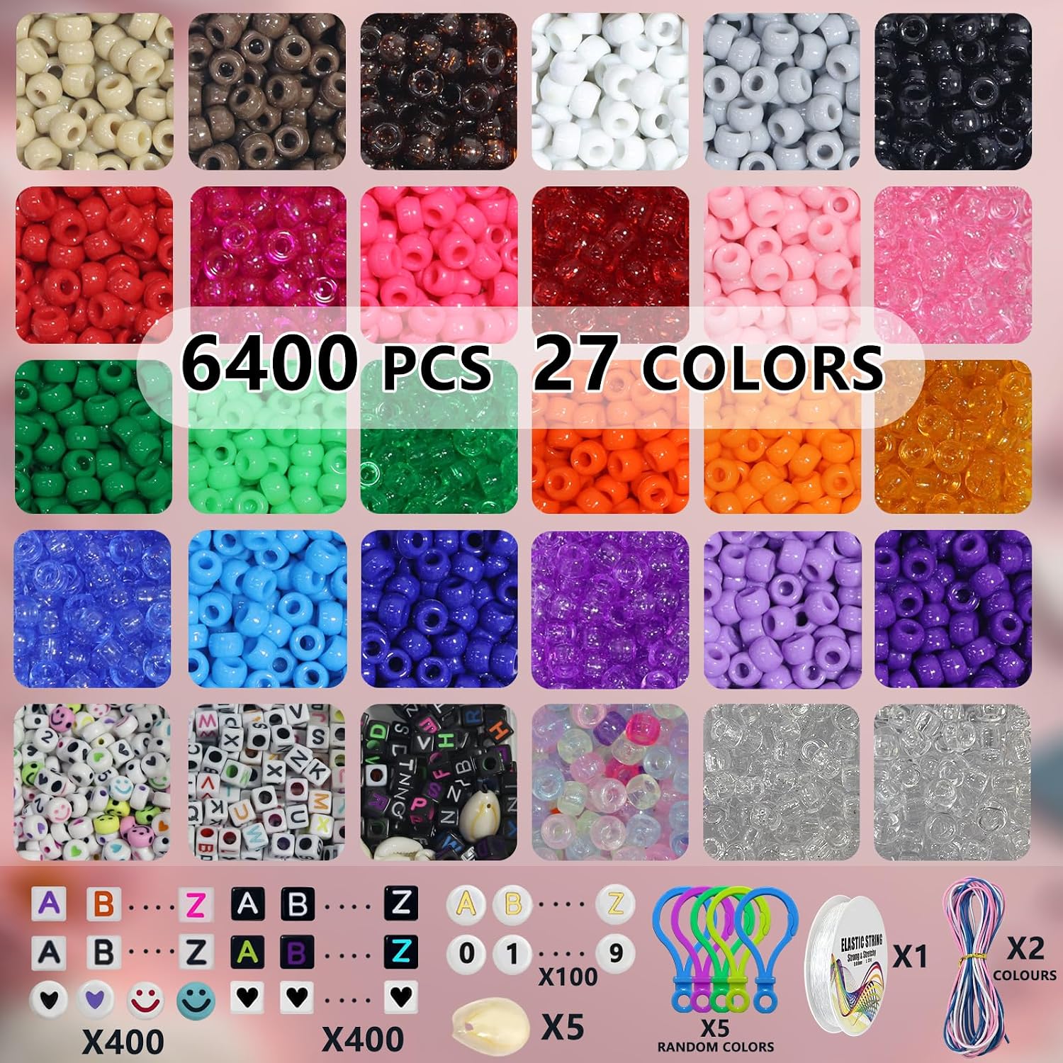 LIS HEGENSA Pony Beads Bulk,Kandi Beads for Necklace Jewelry Making Hair Braiding,Bracelets Making Kits,Hair Bead,Bracelet Beads,Plastic Beads for Crafts Braids Girls (27 Color,6400PCS)