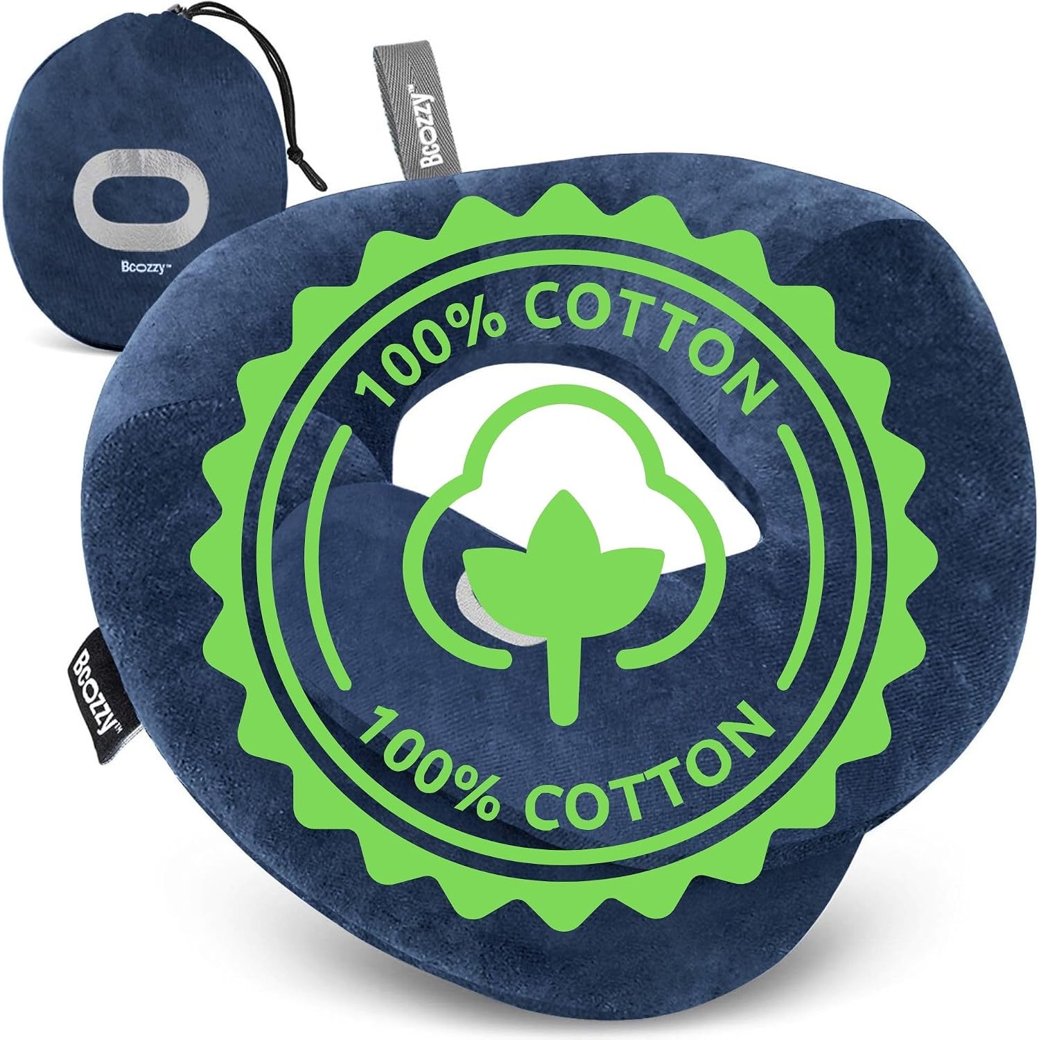BCOZZY Organic Cotton Travel Neck Pillow for Airplane - Patented Double Support for Head, Neck & Chin. Soft, Adjustable for Comfortable Resting on Flights, Car Rides & Recliners. Washable, Large, Navy