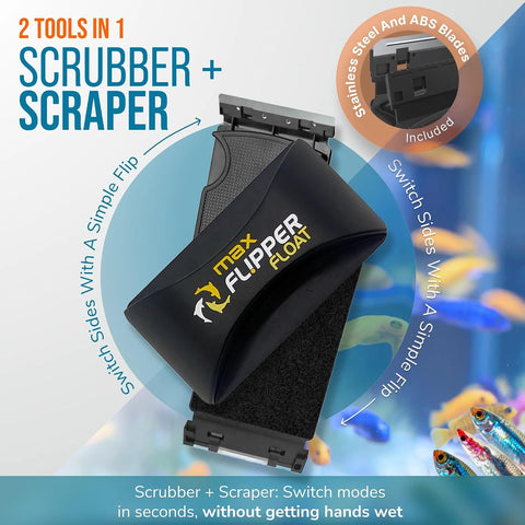 FLIPPER Max Magnetic Aquarium Cleaner – 2-in-1 Flip Scrubber and Scraper, Floating Design for Cleaning Hard-to-Reach Algae and Debris on Glass and Acrylic Tanks up to 3/4" (19mm)