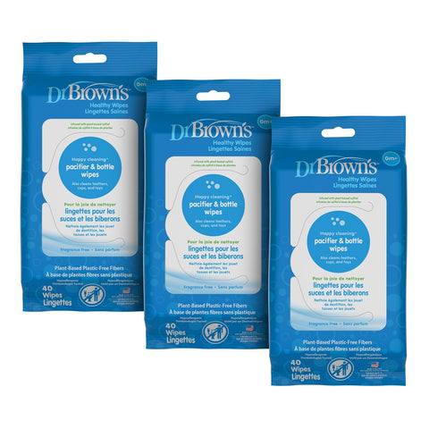 Dr. Brown's Bottle and Pacifier Healthy Wipes, Safely Clean Bottles, Baby Items, and Feeding Essentials, Hypoallergenic, 40 count, 3-Pack (Packaging May Vary)
