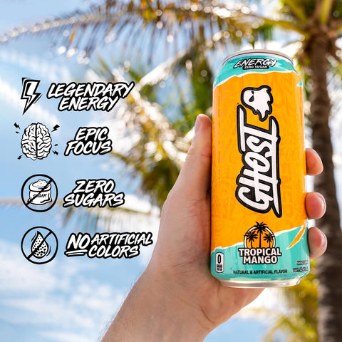 GHOST Energy Drink, Zero Sugars, 12-Pack, Tropical Mango, 16oz