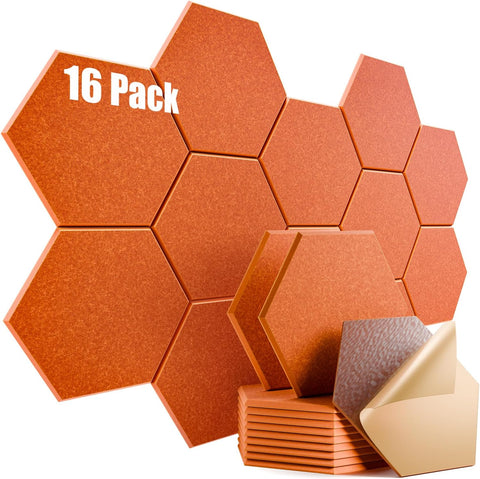 16 Pack Self-Adhesive Acoustic Panels 12" X 10" X 0.4" - Sound Proof Foam Panels for Wall with High Density, Hexagon Design, Flame Resistant, Absorb Noise and Eliminate Echoes(Tangerine)