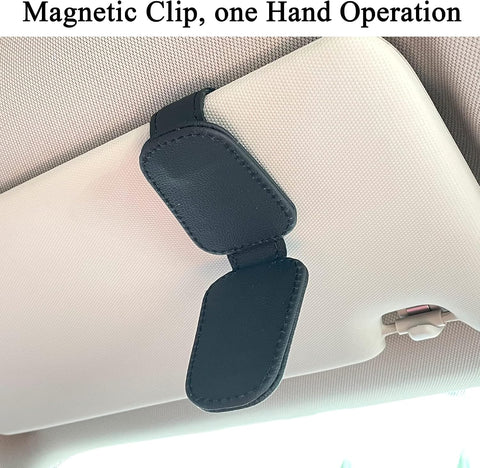 KIWEN 2 Packs Sunglasses Holders for Car Visor, Magnetic Leather Glasses Eyeglass Clip for Car, Ticket Card Clip Sunglasses Mount, Car Visor Accessories Gadgets (2, Black)