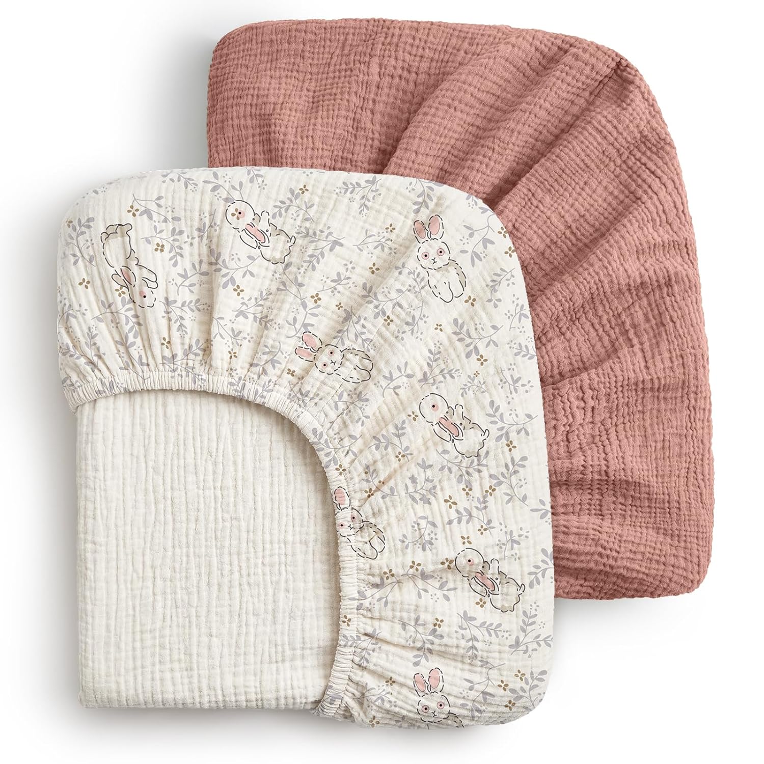 Blissful Diary Muslin Crib Sheets, 2 Pack, Blush Bunny Floral & Dusty Pink