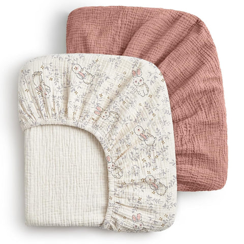 Blissful Diary Muslin Crib Sheets, 2 Pack, Blush Bunny Floral & Dusty Pink