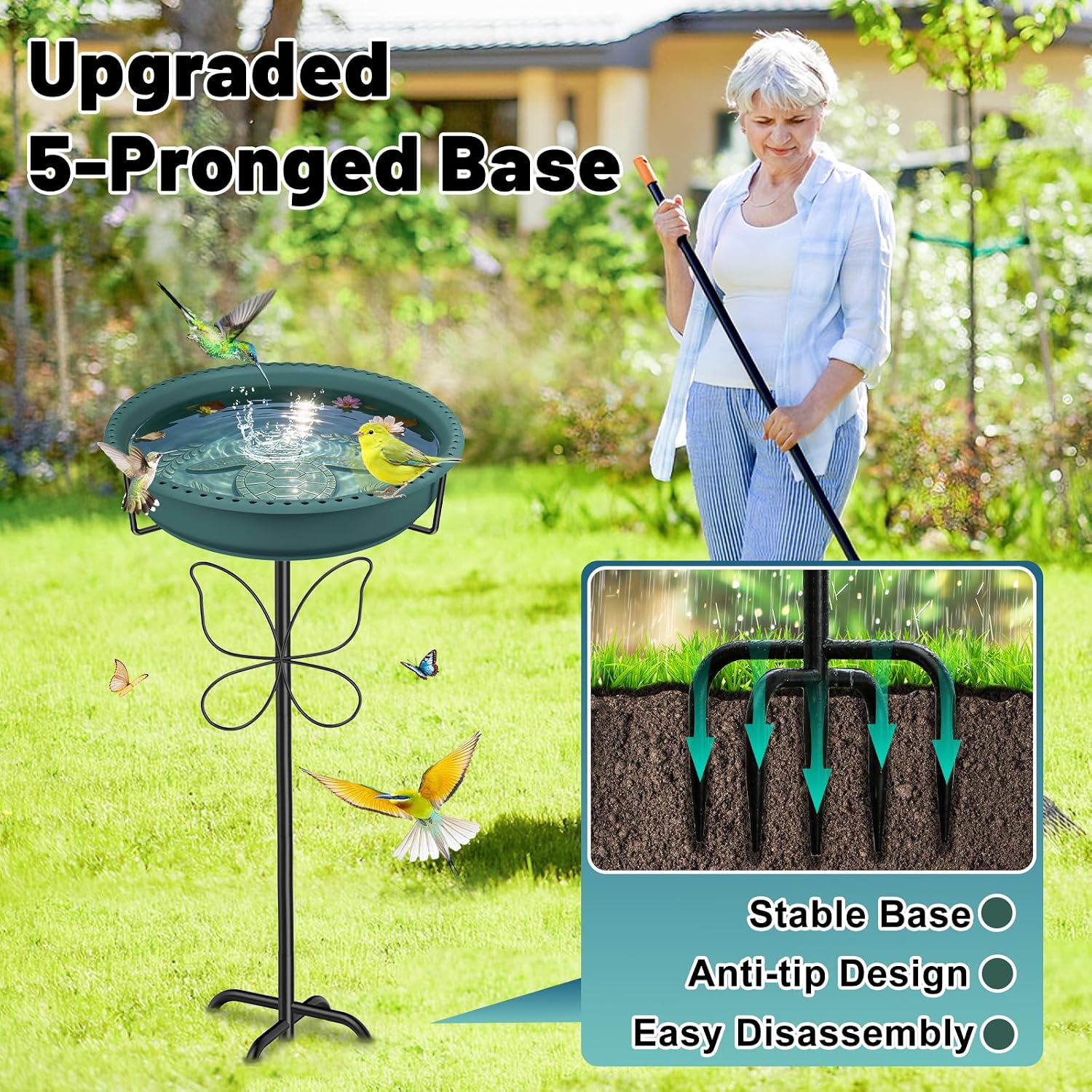 Bird Bath for Outside, Garden Freestanding Birdbath & Birdfeeder with Removable Bowl, Bird Baths Feeder for Outdoors Garden Patio Yard Lawn Decor, 5-Pronged Base & Easy to Clean(Green)