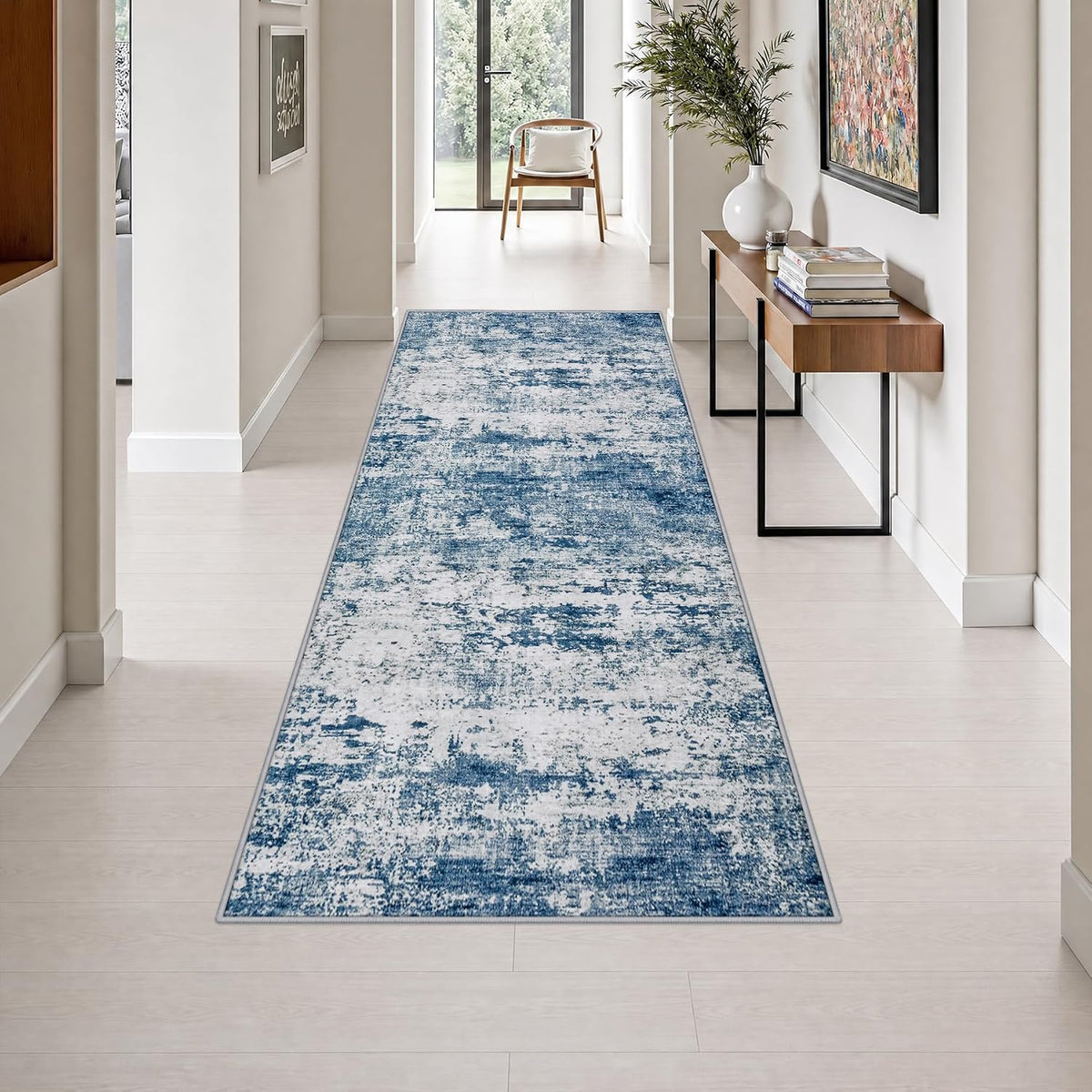 3x8 Washable Runner Rug：Modern Abstract Kitchen Soft Carpet Blue