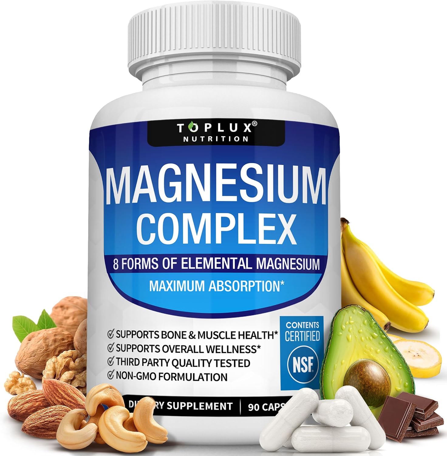 Toplux Magnesium Complex Supplement 8 Elemental - Magnesium Glycinate, Citrate, Malate, Taurate, Chelated for Easy Absorption for Bones, Muscle, Recovery, Energy, Vegan Non-GMO 90 Capsules