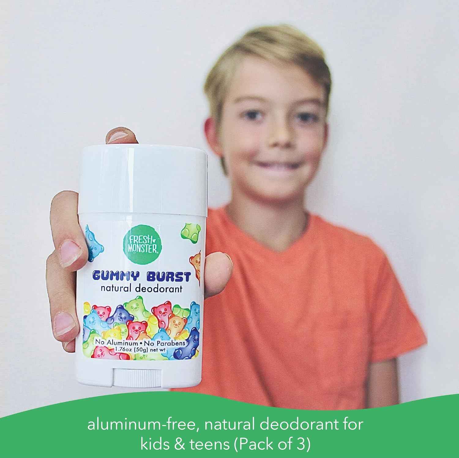 Fresh Monster Kids Natural Deodorant, Gummy Burst, 1.76 oz 3-Pack | Baking Soda & Tapioca Starch, Aluminum-Free, Paraben-Free and Hypoallergenic, Dermatologist Tested, 24-Hour Protection