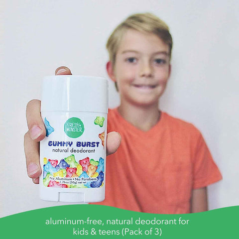 Fresh Monster Kids Natural Deodorant, Gummy Burst, 1.76 oz 3-Pack | Baking Soda & Tapioca Starch, Aluminum-Free, Paraben-Free and Hypoallergenic, Dermatologist Tested, 24-Hour Protection