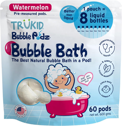TruKid Bubble Podz Bubble Bath for Kids, Toddlers, & Babies, Tear Free Gentle & Refreshing Bath Bomb for Sensitive Skin with Natural Moisturizers, Non-Toxic, pH Balanced, Watermelon Scent (60 Podz)