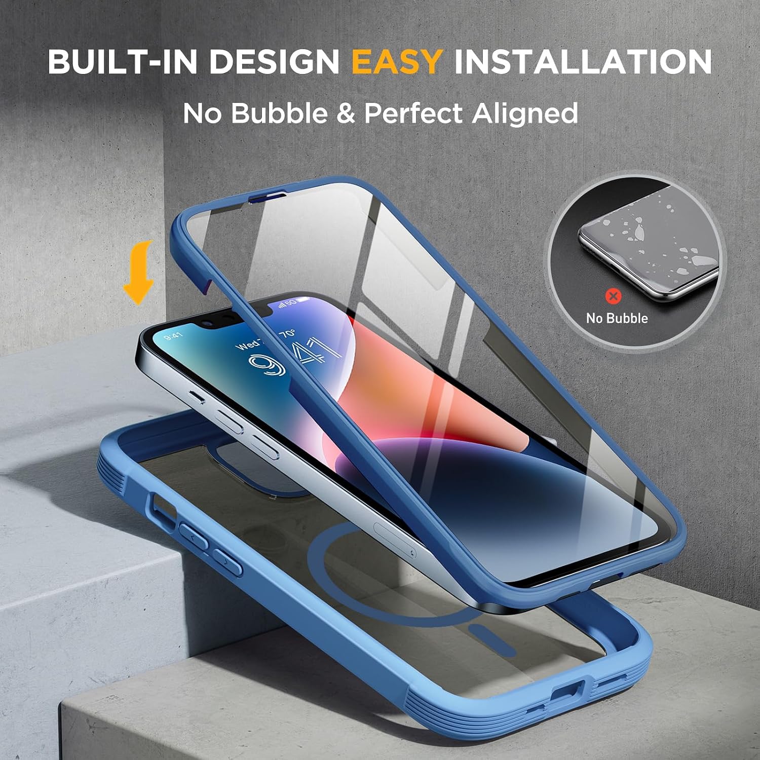 Miracase for iPhone 14 Case, Full-Body Bumper &Glass Screen Protector,Blue