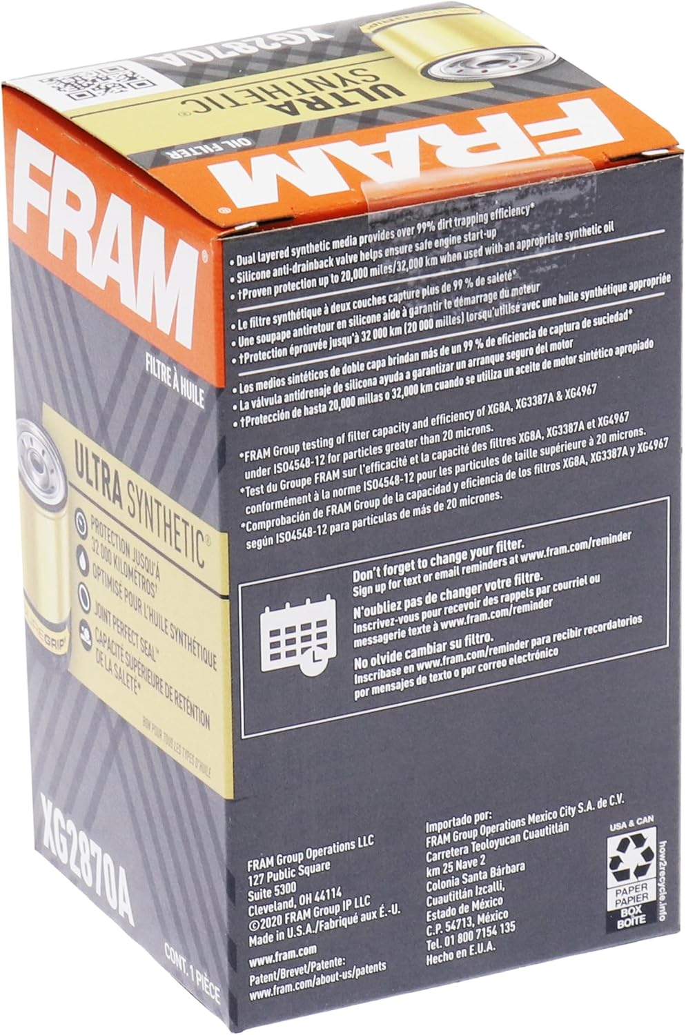 FRAM Ultra Synthetic Automotive Replacement Oil Filter, Designed for Synthetic Oil Changes Lasting up to 20k Miles, XG2870A with SureGrip (Pack of 1)