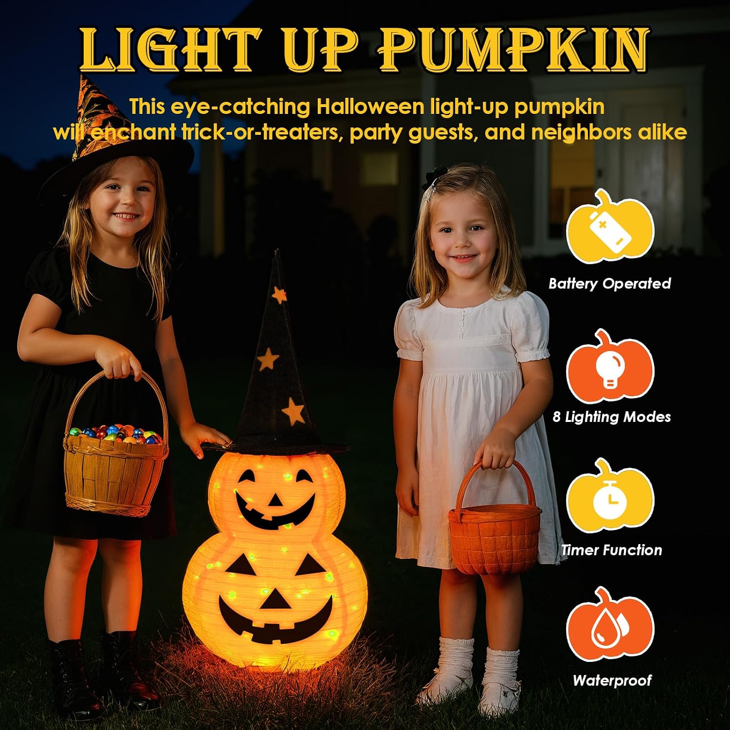 3FT Pumpkin Halloween Decorations Outdoor, 8 Modes Battery Operated Pumpkin Decorations, Collapsible Jack-o-Lantern Halloween Lights for Home, Party, Yard, Porch Thanksgiving Fall Decorations